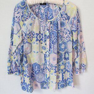 Talbots blue pink geo scoop neck 3/4 sleeve cotton blouse *Sz M*